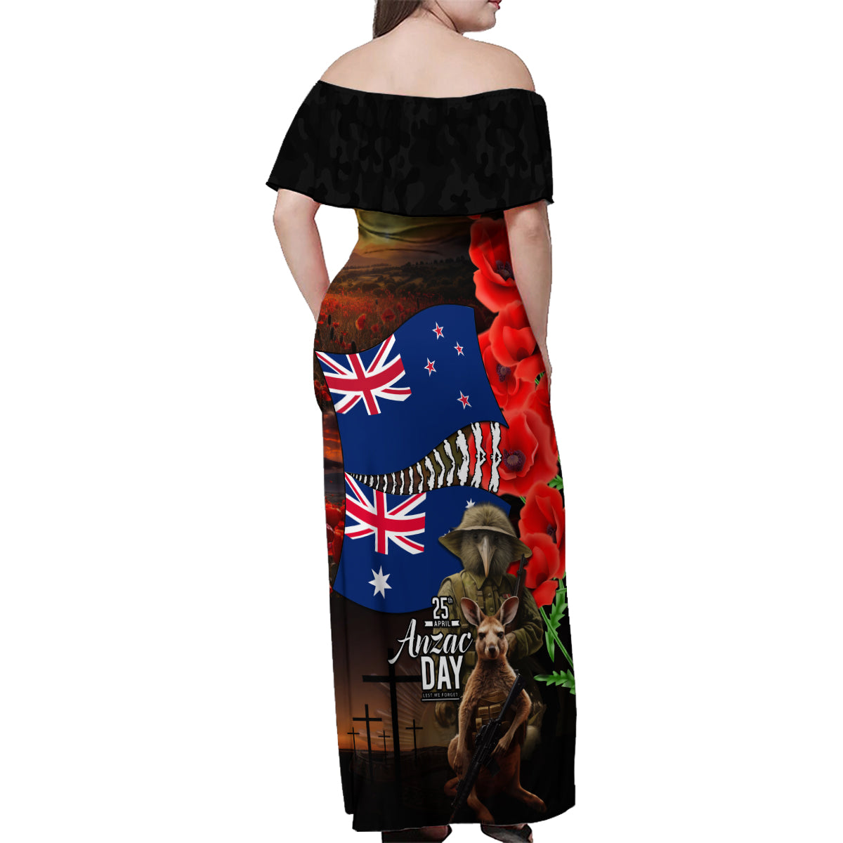 New Zealand and Australia ANZAC Day Family Matching Off Shoulder Maxi Dress and Hawaiian Shirt National Flag mix Kiwi Bird and Kangaroo Soldier Style