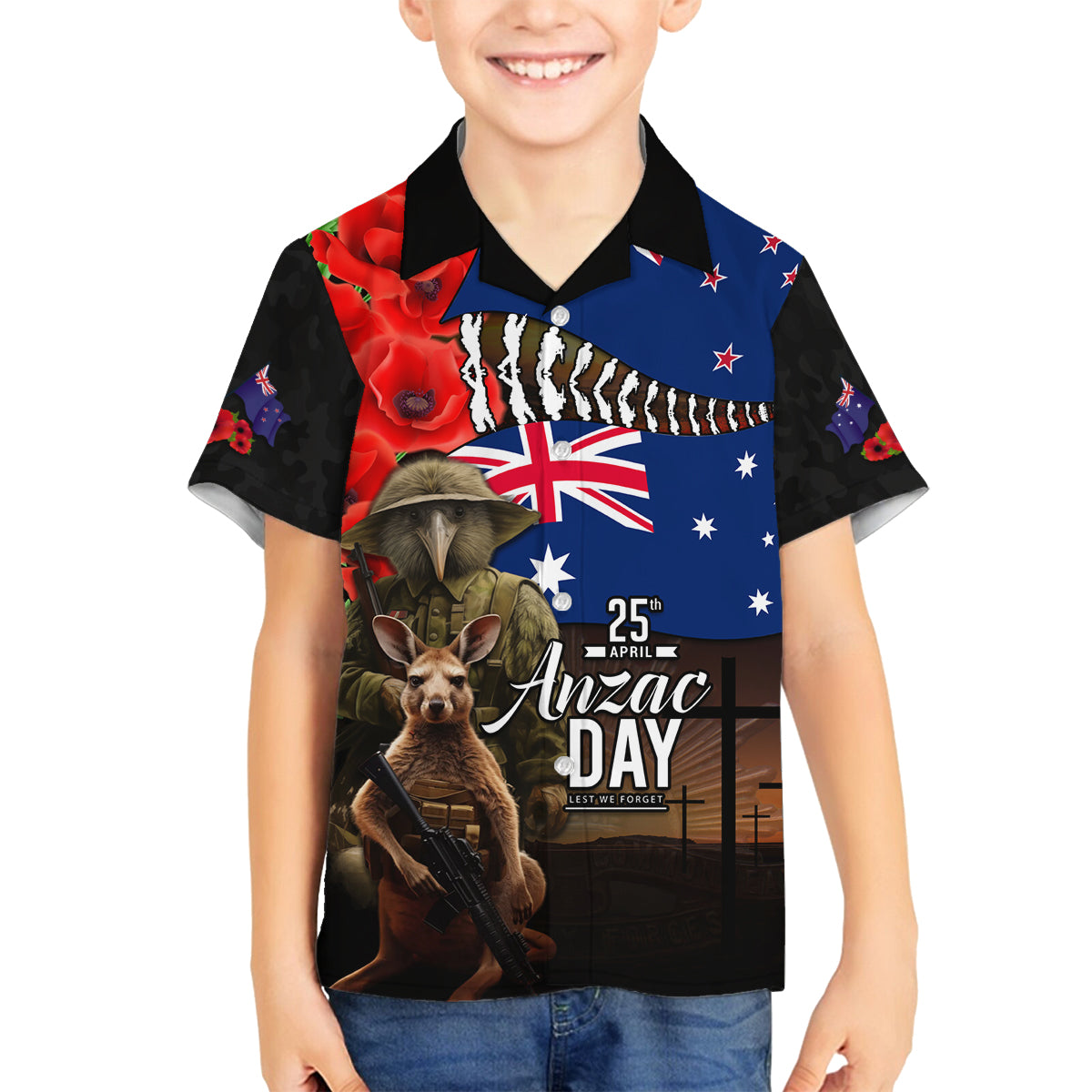 New Zealand and Australia ANZAC Day Family Matching Off Shoulder Maxi Dress and Hawaiian Shirt National Flag mix Kiwi Bird and Kangaroo Soldier Style