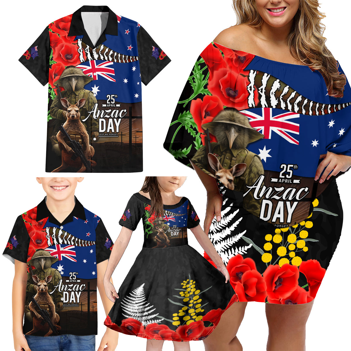 New Zealand and Australia ANZAC Day Family Matching Off Shoulder Short Dress and Hawaiian Shirt National Flag mix Kiwi Bird and Kangaroo Soldier Style