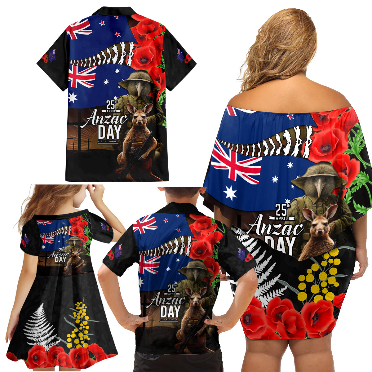 New Zealand and Australia ANZAC Day Family Matching Off Shoulder Short Dress and Hawaiian Shirt National Flag mix Kiwi Bird and Kangaroo Soldier Style