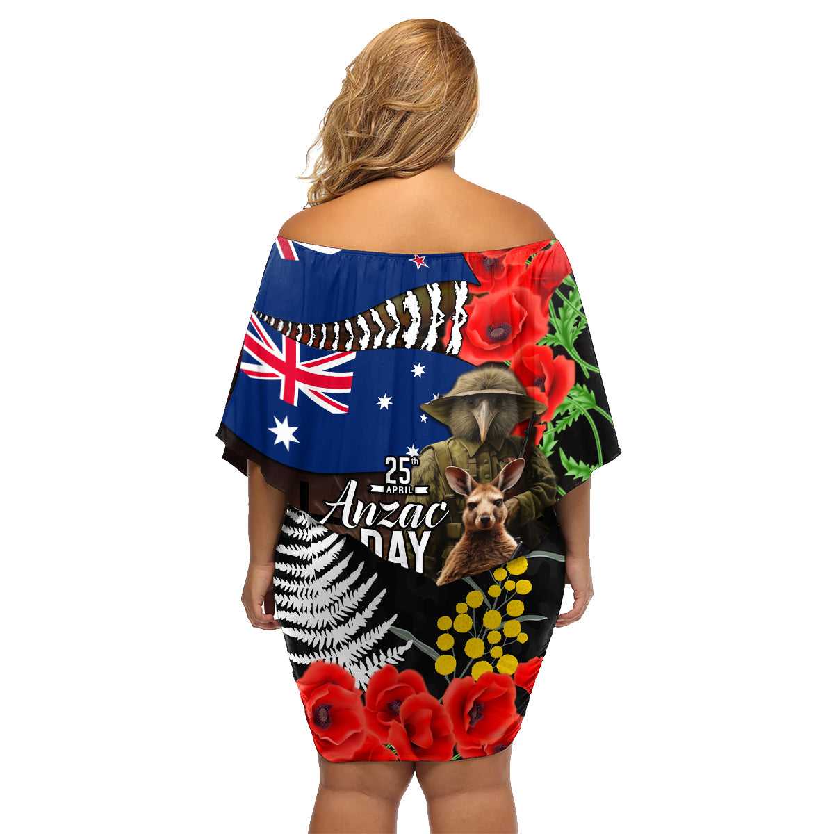New Zealand and Australia ANZAC Day Family Matching Off Shoulder Short Dress and Hawaiian Shirt National Flag mix Kiwi Bird and Kangaroo Soldier Style
