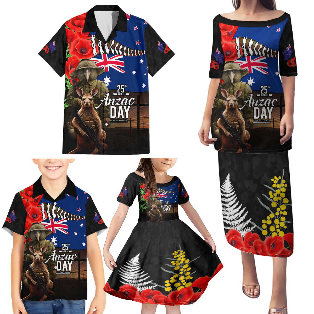 New Zealand and Australia ANZAC Day Family Matching Puletasi and Hawaiian Shirt National Flag mix Kiwi Bird and Kangaroo Soldier Style