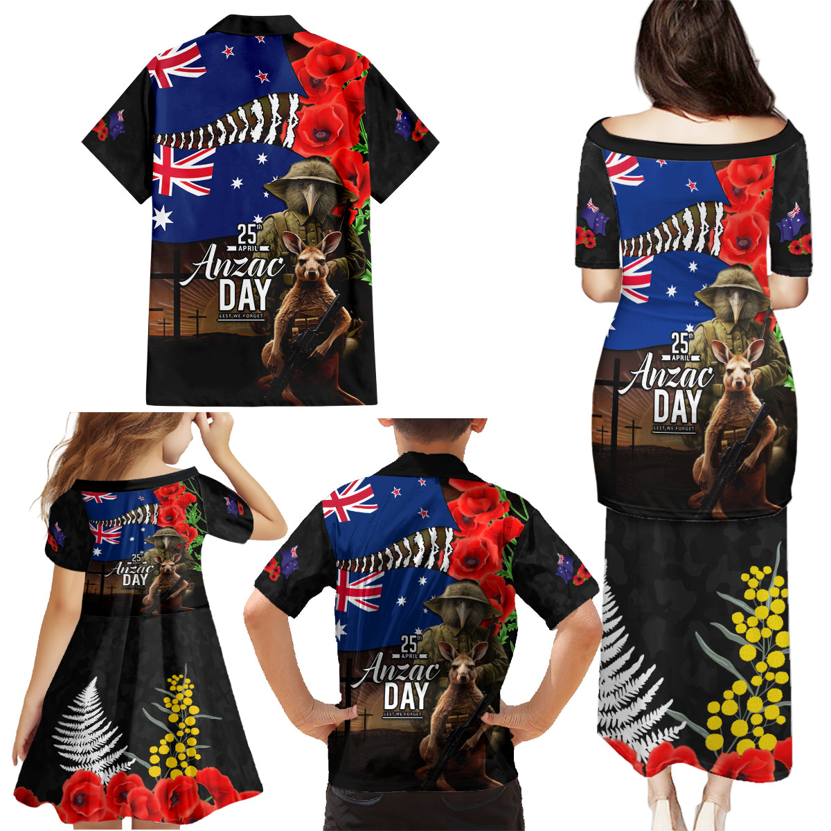 New Zealand and Australia ANZAC Day Family Matching Puletasi and Hawaiian Shirt National Flag mix Kiwi Bird and Kangaroo Soldier Style