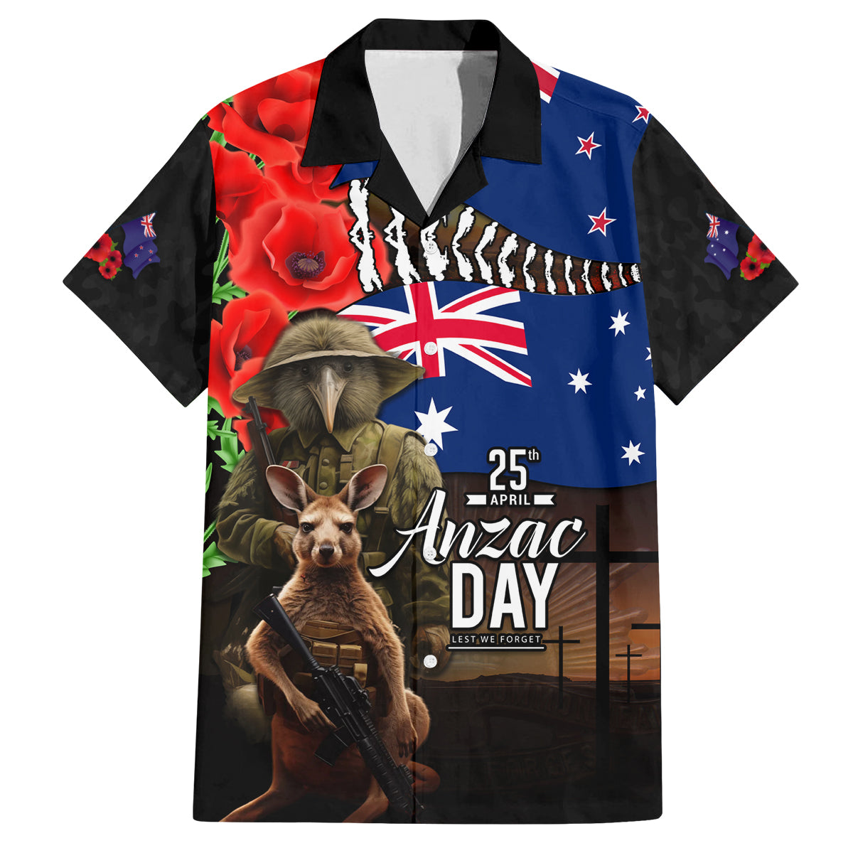 New Zealand and Australia ANZAC Day Family Matching Puletasi and Hawaiian Shirt National Flag mix Kiwi Bird and Kangaroo Soldier Style