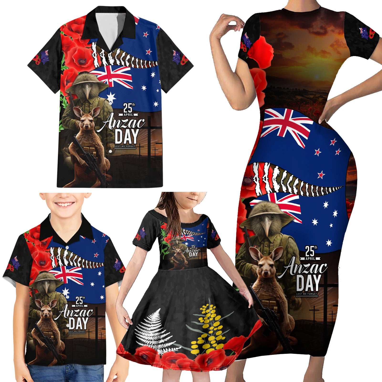 New Zealand and Australia ANZAC Day Family Matching Short Sleeve Bodycon Dress and Hawaiian Shirt National Flag mix Kiwi Bird and Kangaroo Soldier Style