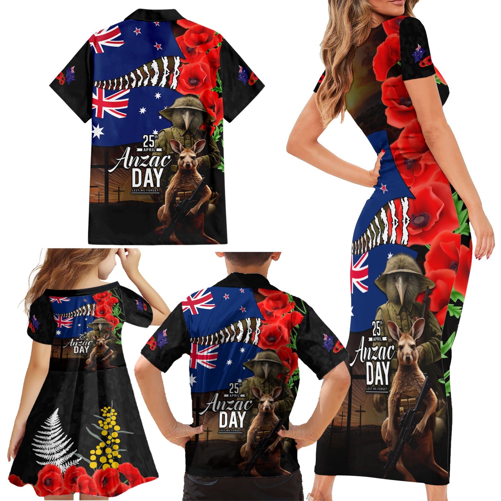 New Zealand and Australia ANZAC Day Family Matching Short Sleeve Bodycon Dress and Hawaiian Shirt National Flag mix Kiwi Bird and Kangaroo Soldier Style
