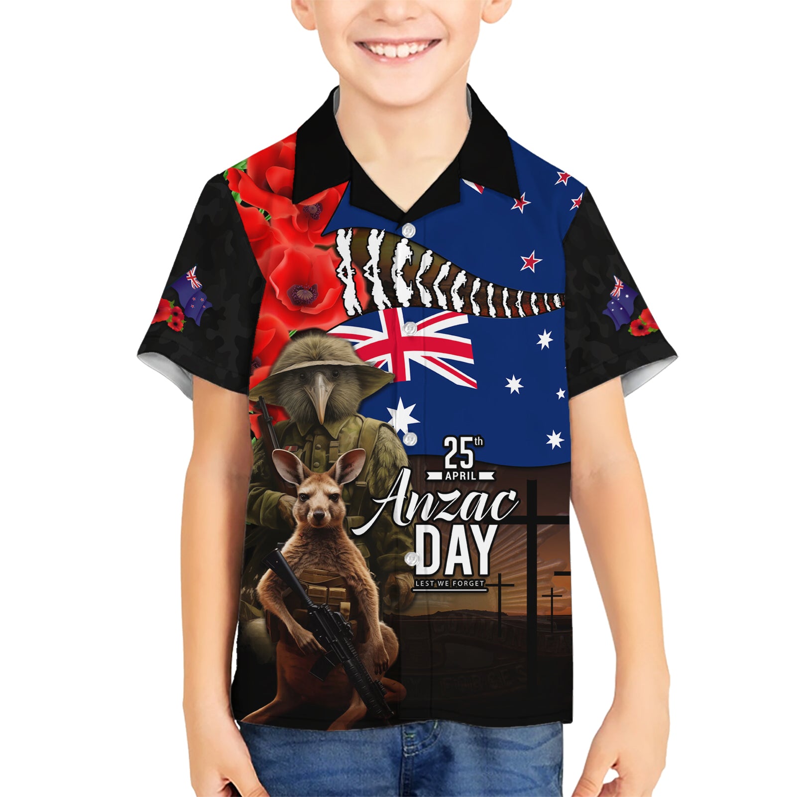 New Zealand and Australia ANZAC Day Family Matching Short Sleeve Bodycon Dress and Hawaiian Shirt National Flag mix Kiwi Bird and Kangaroo Soldier Style