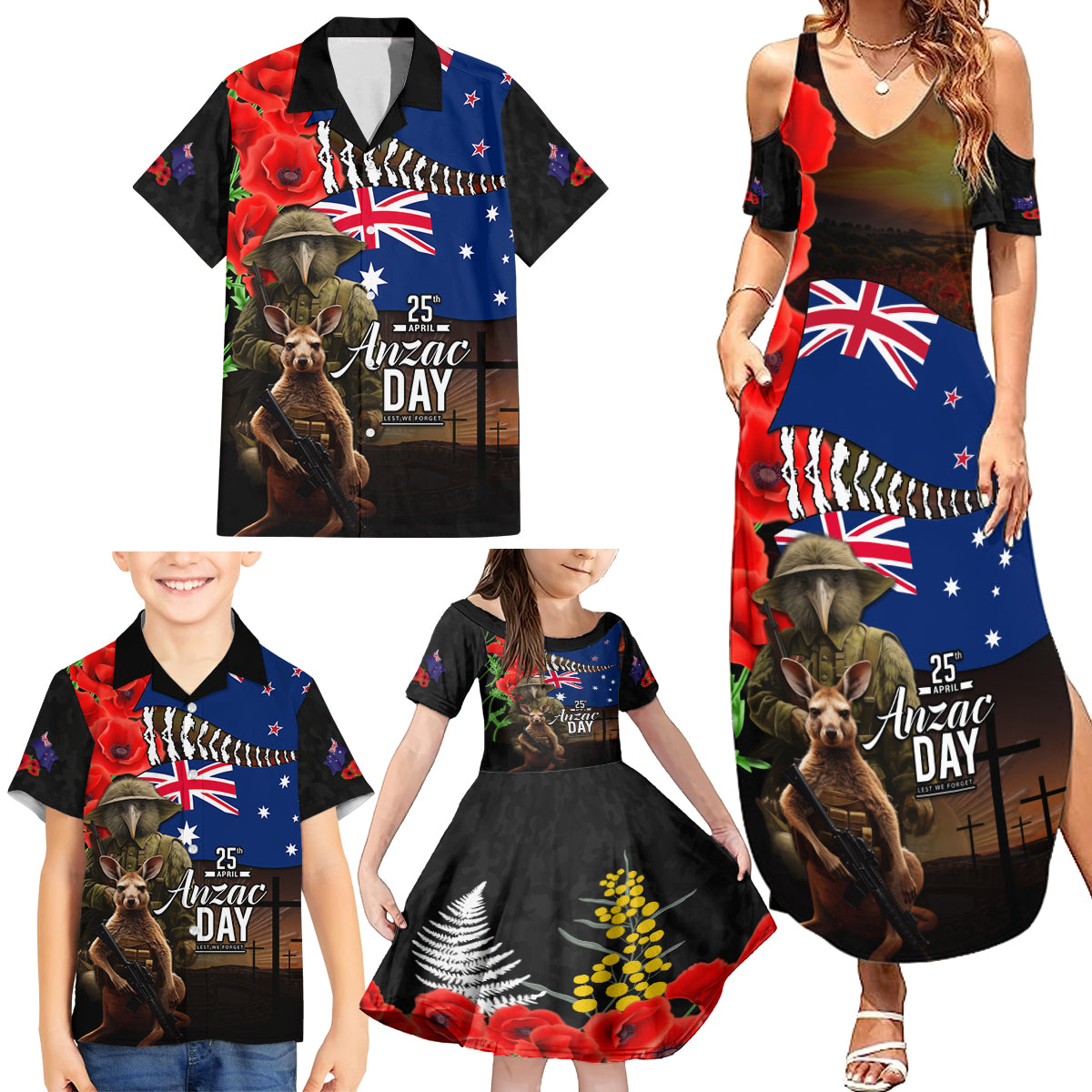New Zealand and Australia ANZAC Day Family Matching Summer Maxi Dress and Hawaiian Shirt National Flag mix Kiwi Bird and Kangaroo Soldier Style