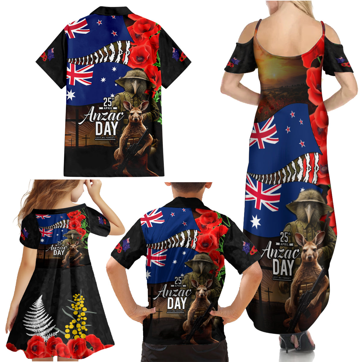 New Zealand and Australia ANZAC Day Family Matching Summer Maxi Dress and Hawaiian Shirt National Flag mix Kiwi Bird and Kangaroo Soldier Style