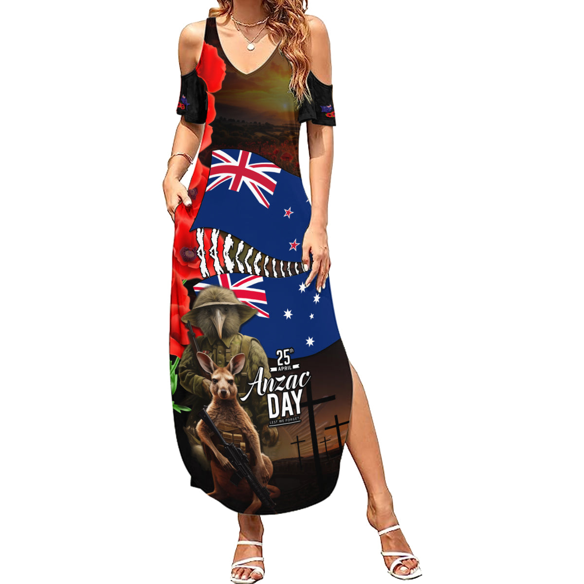 New Zealand and Australia ANZAC Day Family Matching Summer Maxi Dress and Hawaiian Shirt National Flag mix Kiwi Bird and Kangaroo Soldier Style