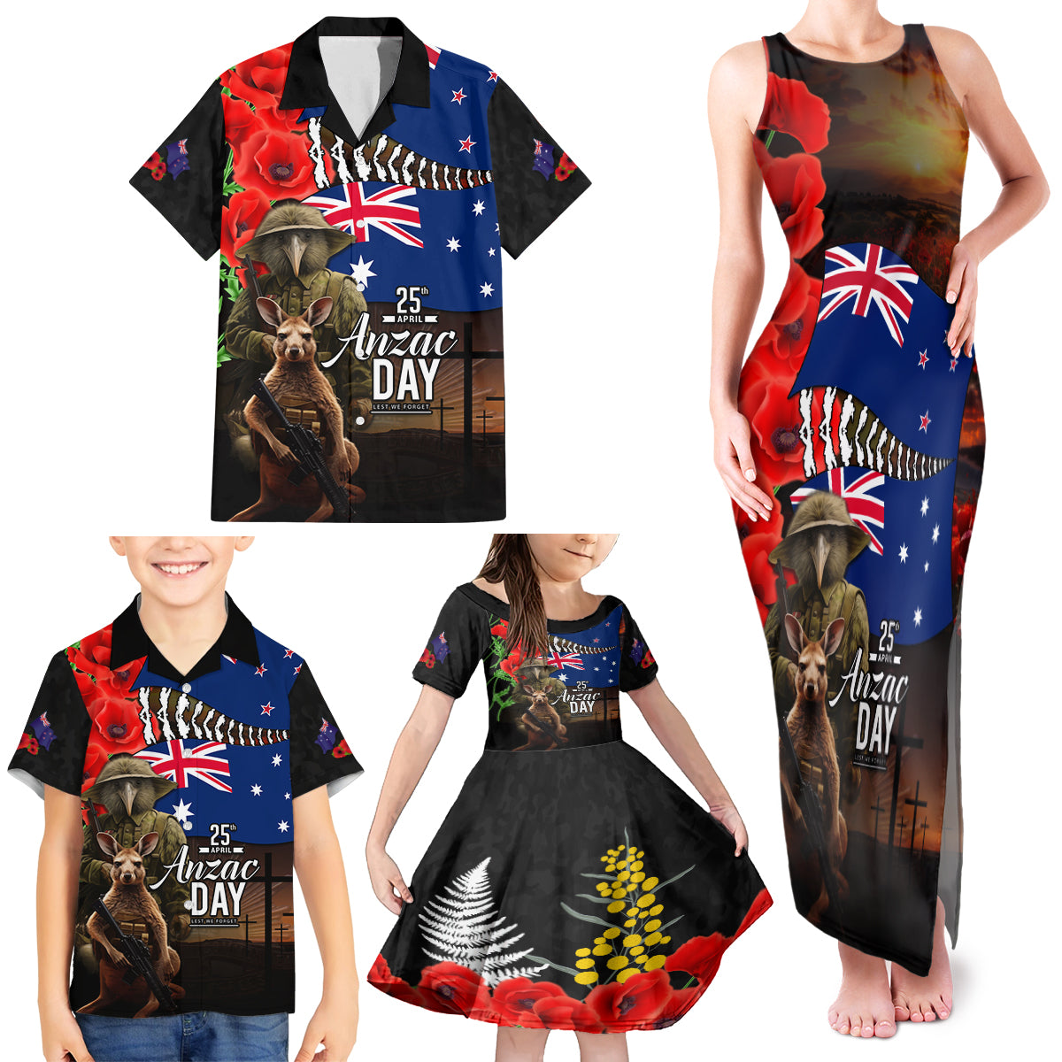 New Zealand and Australia ANZAC Day Family Matching Tank Maxi Dress and Hawaiian Shirt National Flag mix Kiwi Bird and Kangaroo Soldier Style