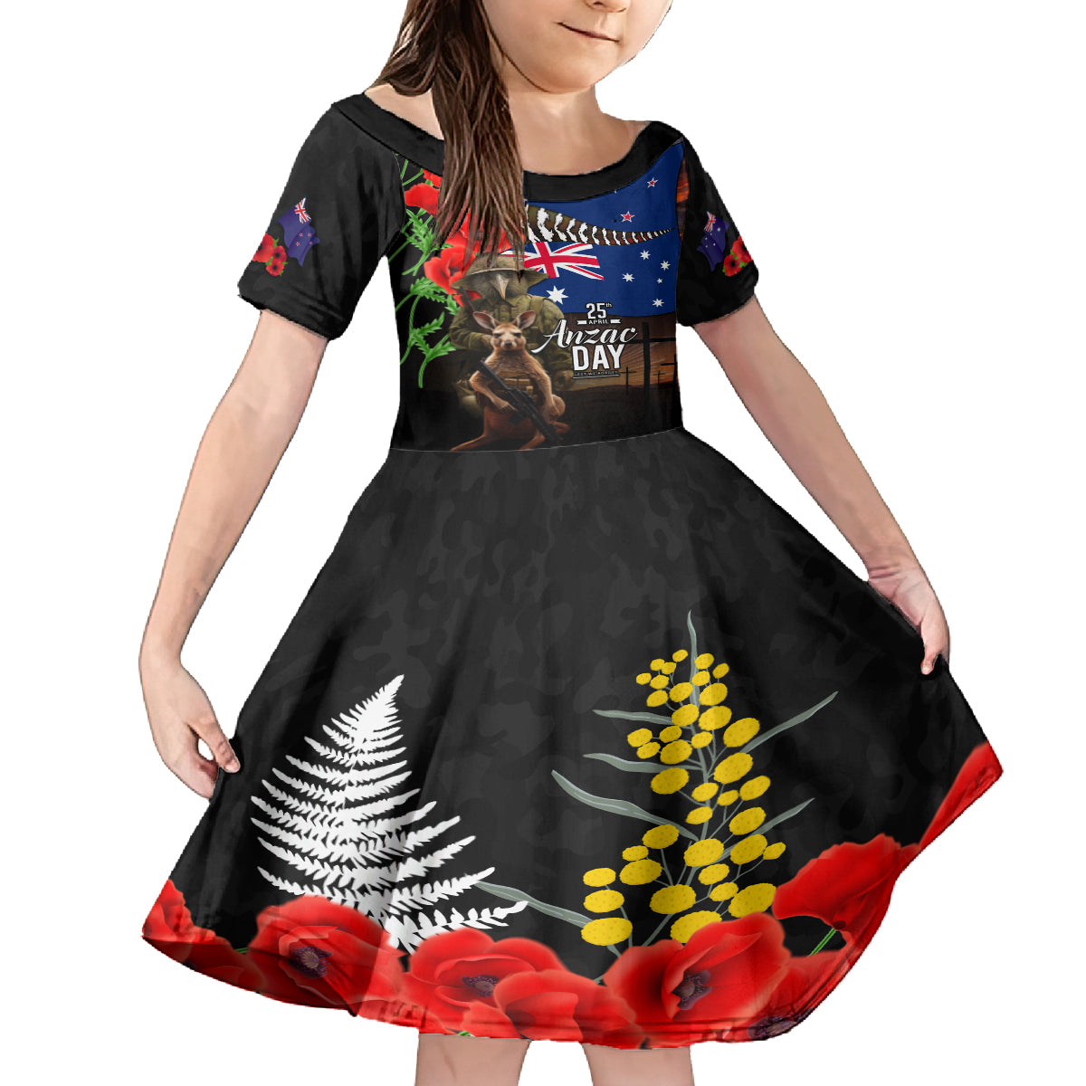 New Zealand and Australia ANZAC Day Family Matching Tank Maxi Dress and Hawaiian Shirt National Flag mix Kiwi Bird and Kangaroo Soldier Style