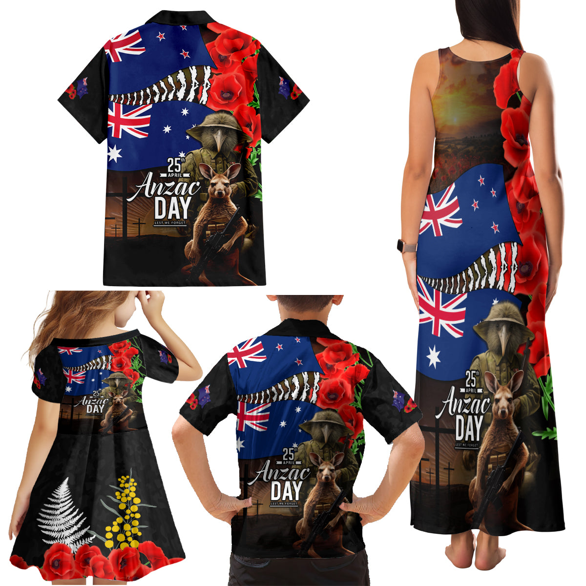 New Zealand and Australia ANZAC Day Family Matching Tank Maxi Dress and Hawaiian Shirt National Flag mix Kiwi Bird and Kangaroo Soldier Style