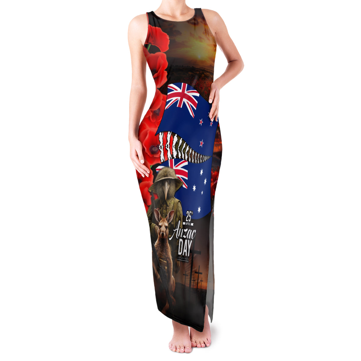 New Zealand and Australia ANZAC Day Family Matching Tank Maxi Dress and Hawaiian Shirt National Flag mix Kiwi Bird and Kangaroo Soldier Style