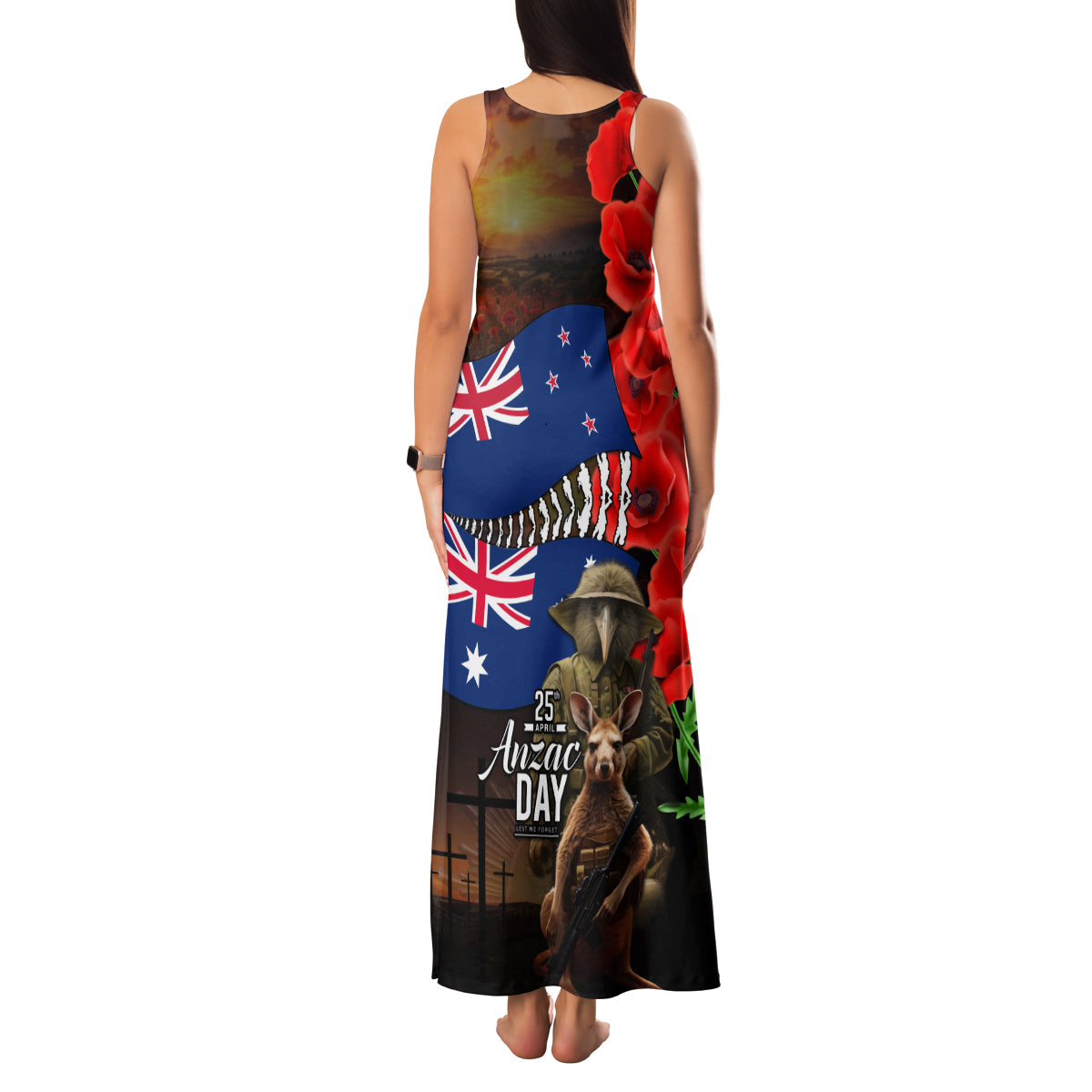 New Zealand and Australia ANZAC Day Family Matching Tank Maxi Dress and Hawaiian Shirt National Flag mix Kiwi Bird and Kangaroo Soldier Style