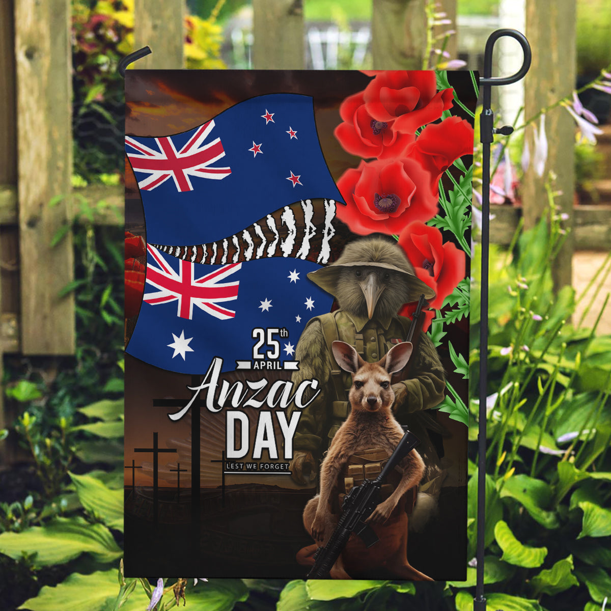 New Zealand and Australia ANZAC Day Garden Flag National Flag mix Kiwi Bird and Kangaroo Soldier Style - Vibe Hoodie Shop