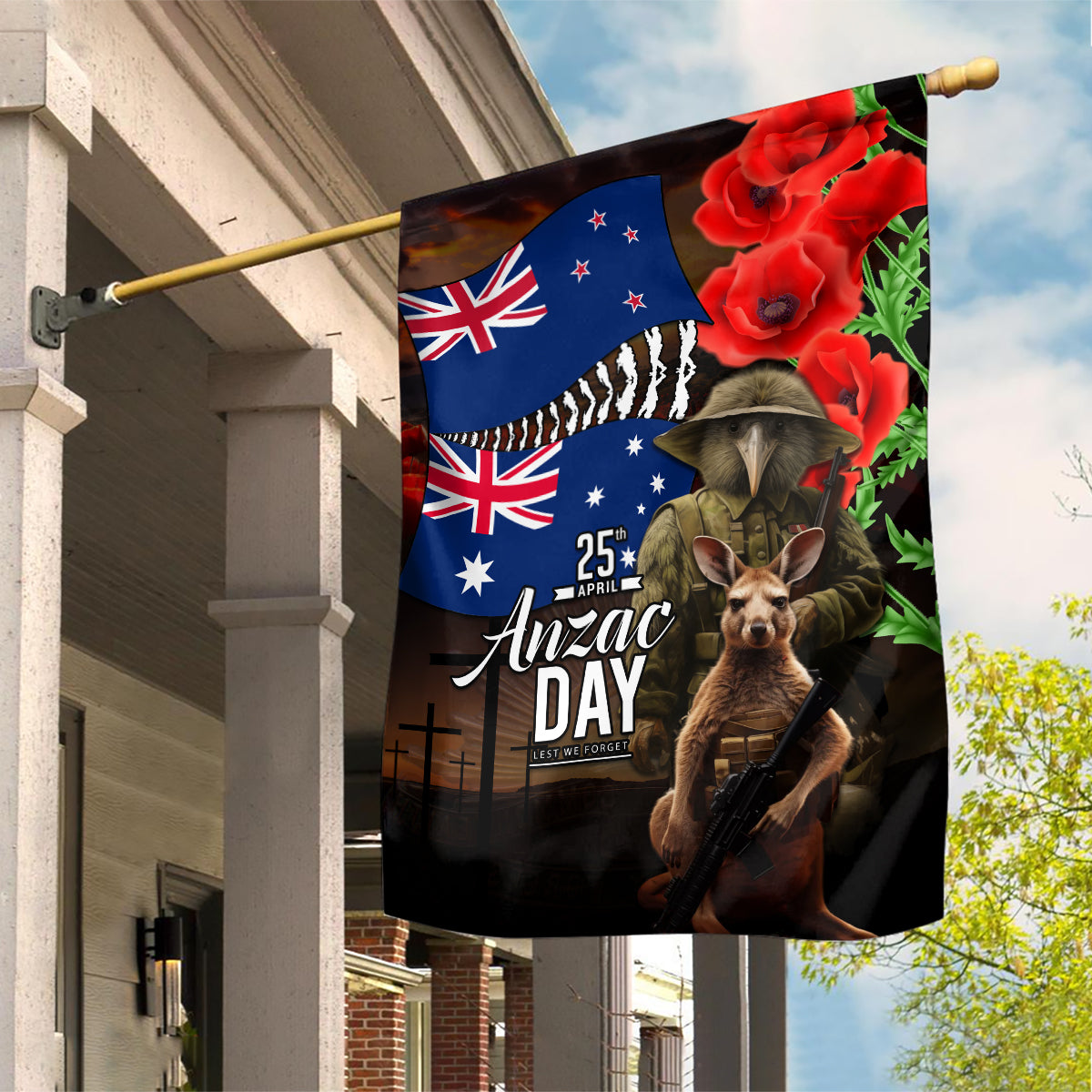 New Zealand and Australia ANZAC Day Garden Flag National Flag mix Kiwi Bird and Kangaroo Soldier Style - Vibe Hoodie Shop