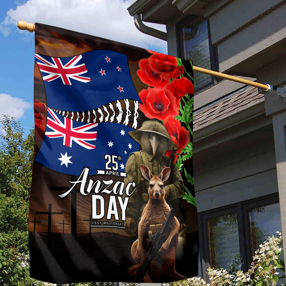 New Zealand and Australia ANZAC Day Garden Flag National Flag mix Kiwi Bird and Kangaroo Soldier Style - Vibe Hoodie Shop