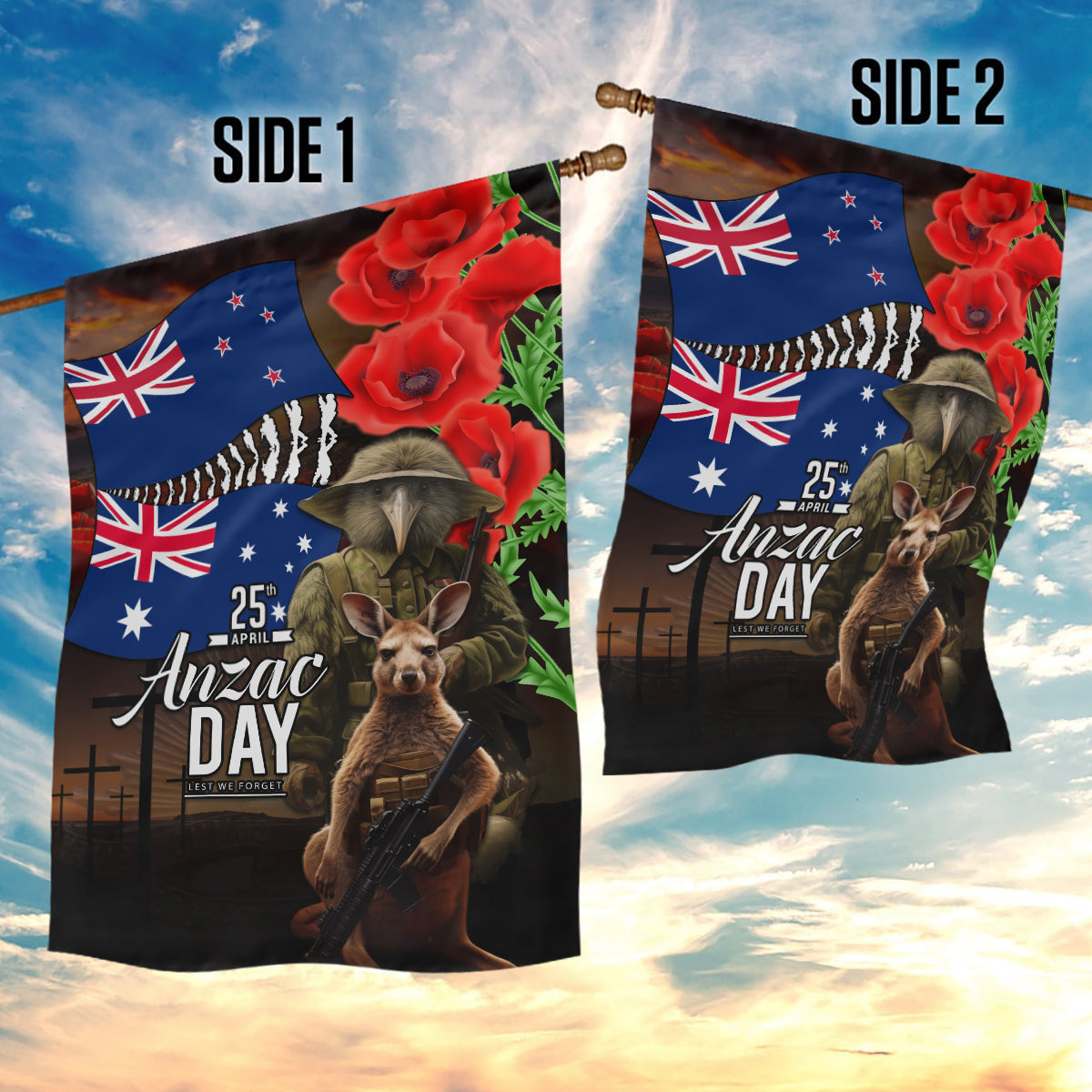 New Zealand and Australia ANZAC Day Garden Flag National Flag mix Kiwi Bird and Kangaroo Soldier Style - Vibe Hoodie Shop