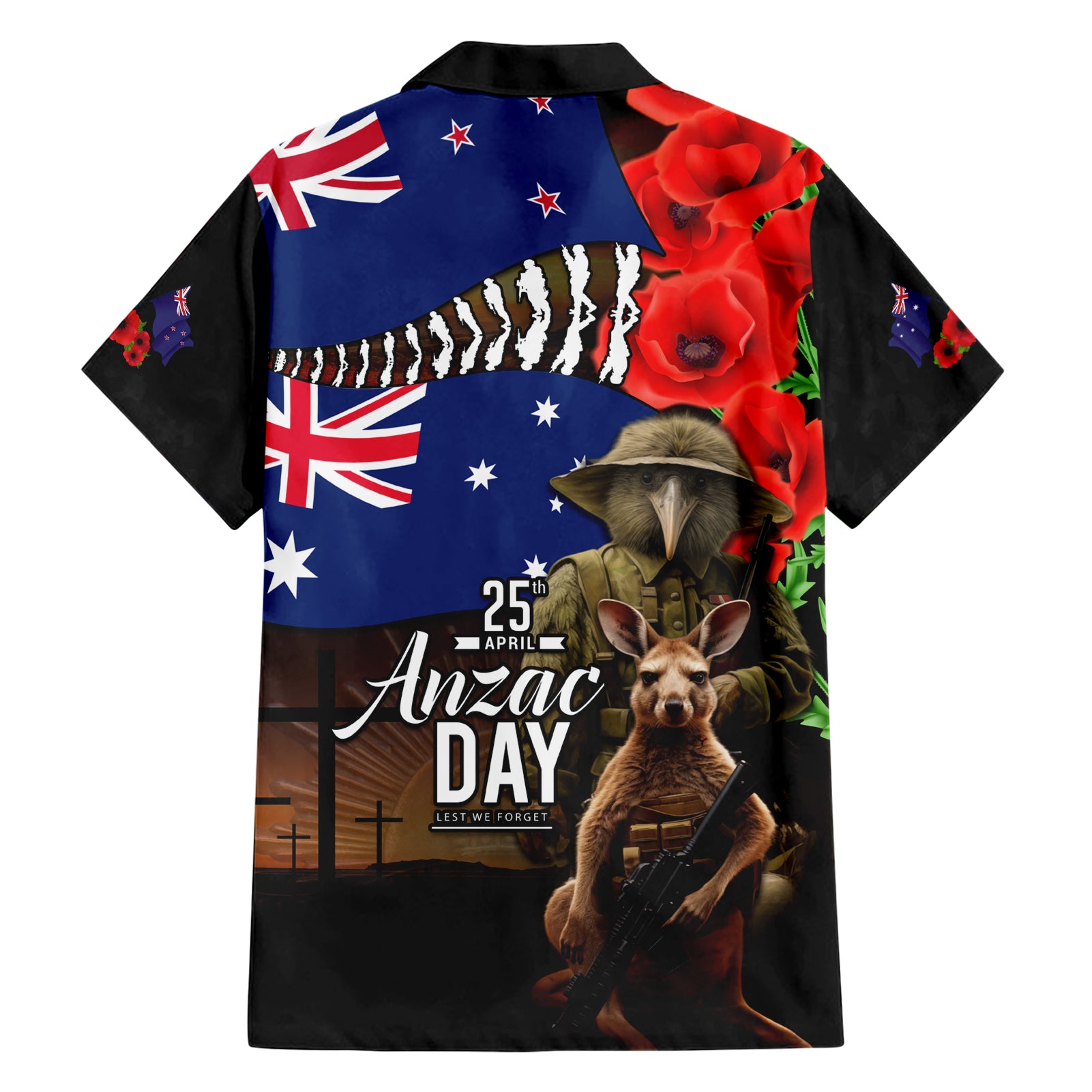 New Zealand and Australia ANZAC Day Hawaiian Shirt National Flag mix Kiwi Bird and Kangaroo Soldier Style - Vibe Hoodie Shop
