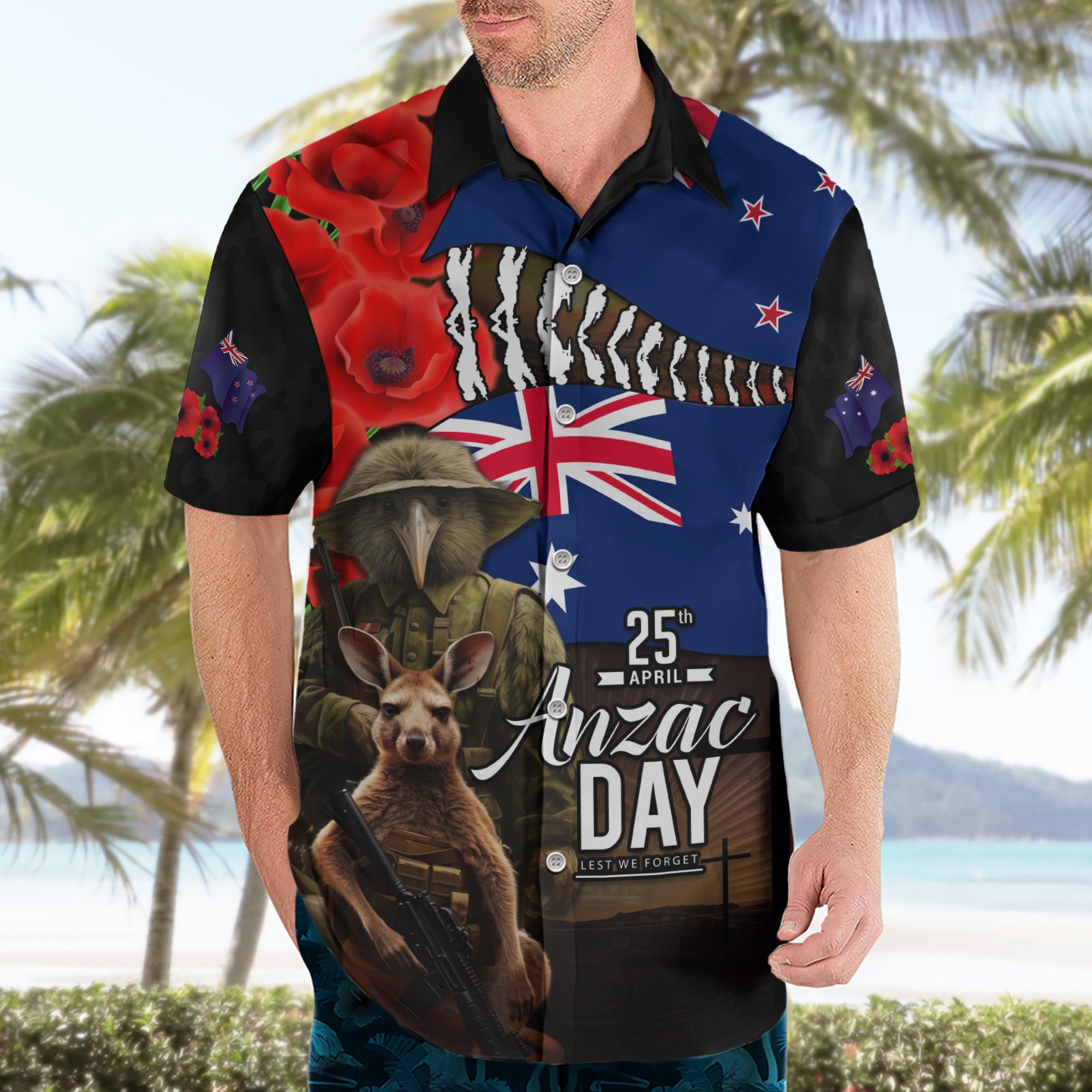New Zealand and Australia ANZAC Day Hawaiian Shirt National Flag mix Kiwi Bird and Kangaroo Soldier Style - Vibe Hoodie Shop