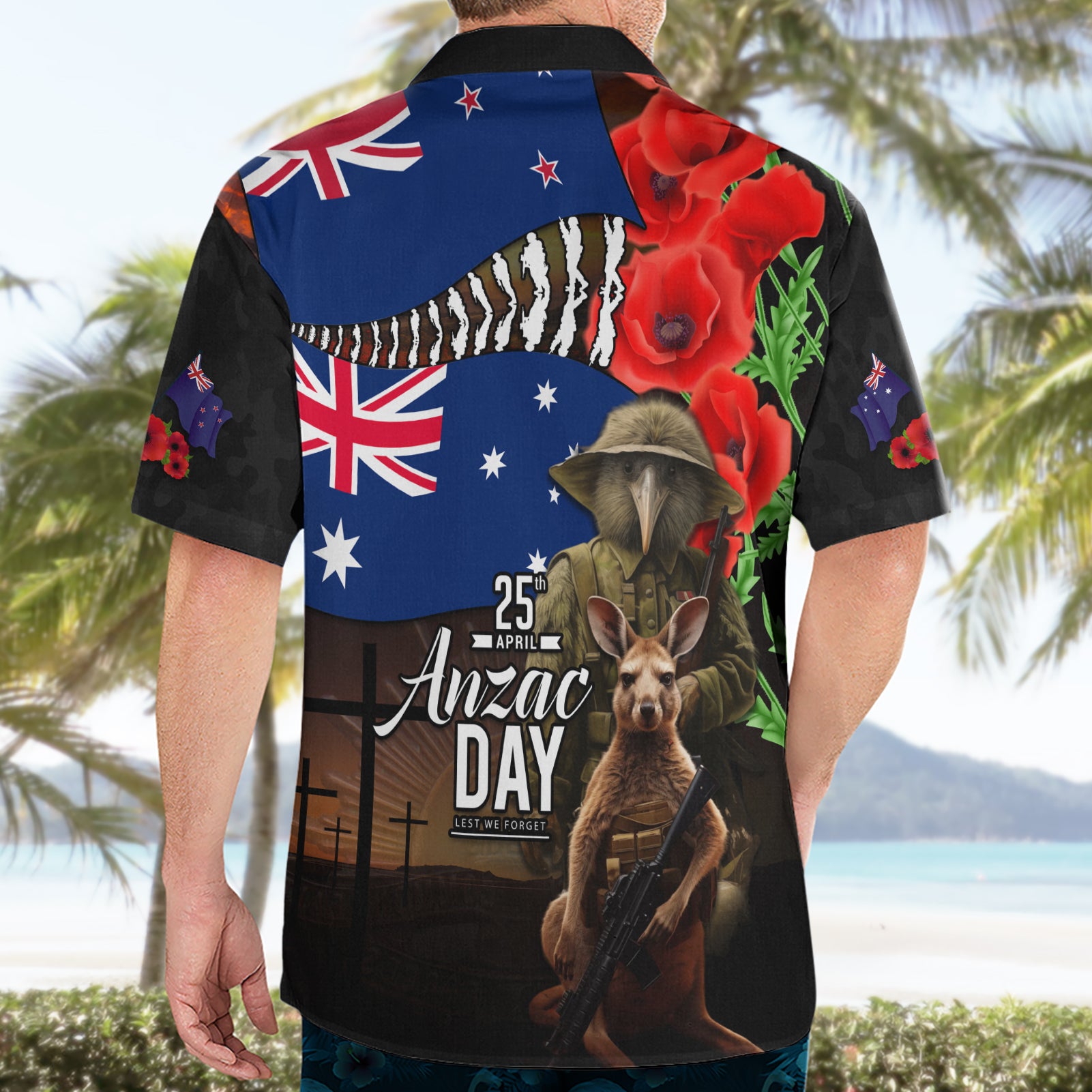 New Zealand and Australia ANZAC Day Hawaiian Shirt National Flag mix Kiwi Bird and Kangaroo Soldier Style - Vibe Hoodie Shop