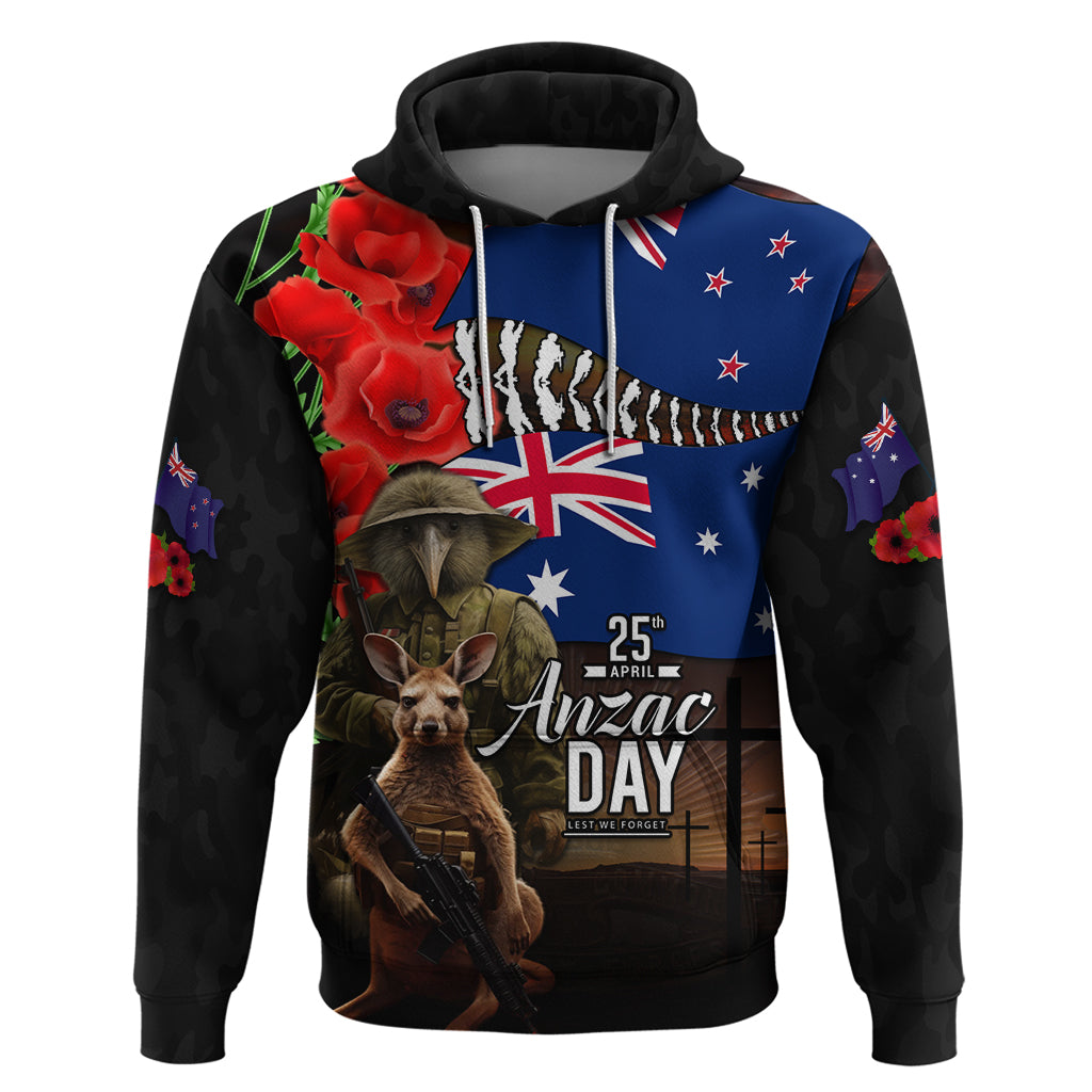 New Zealand and Australia ANZAC Day Hoodie National Flag mix Kiwi Bird and Kangaroo Soldier Style - Vibe Hoodie Shop
