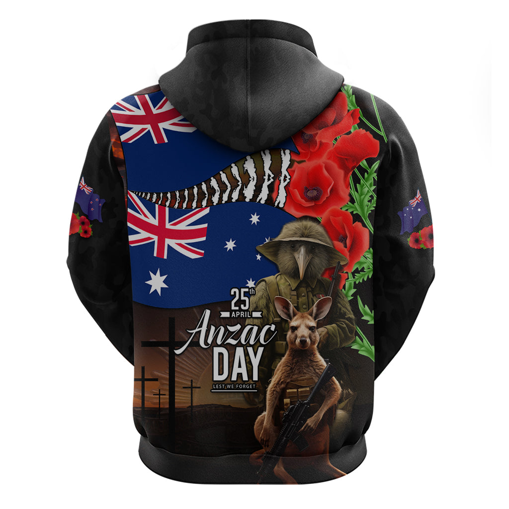 New Zealand and Australia ANZAC Day Hoodie National Flag mix Kiwi Bird and Kangaroo Soldier Style - Vibe Hoodie Shop