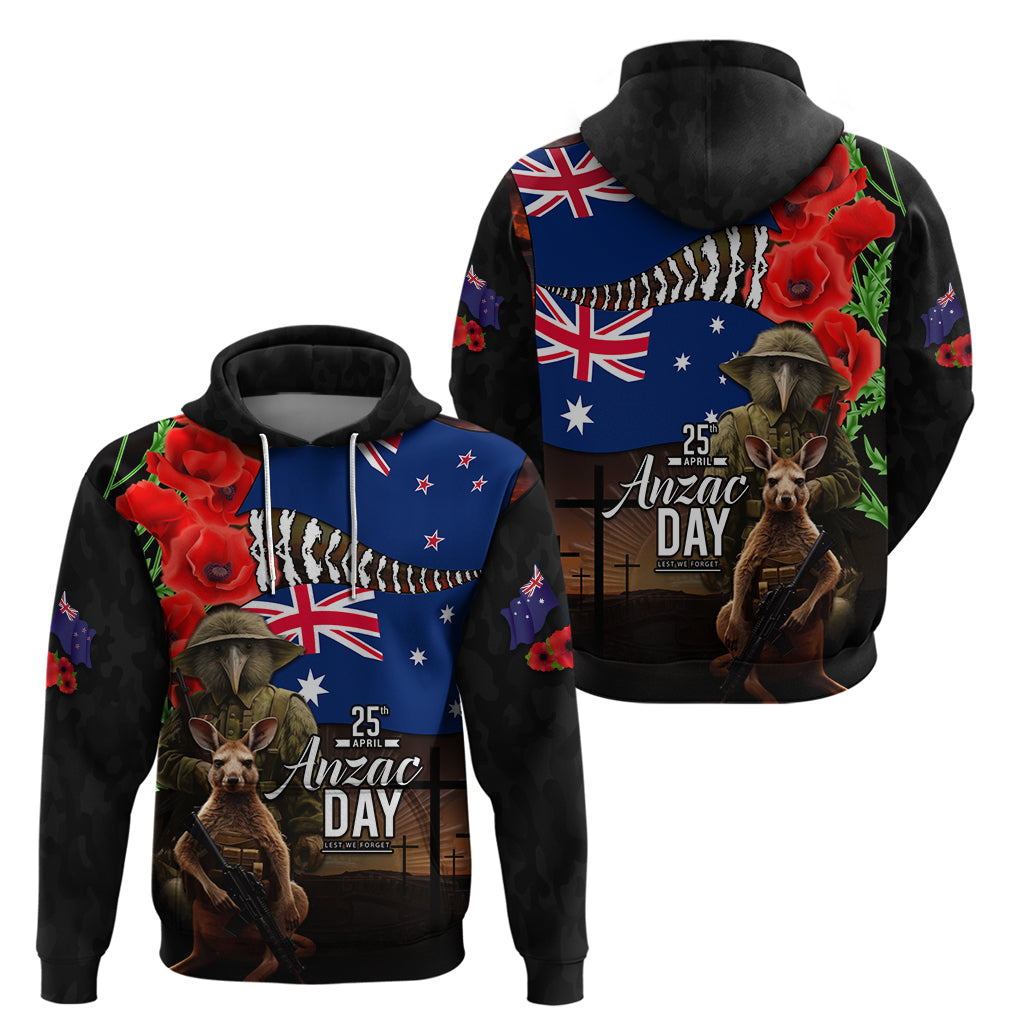 New Zealand and Australia ANZAC Day Hoodie National Flag mix Kiwi Bird and Kangaroo Soldier Style - Vibe Hoodie Shop