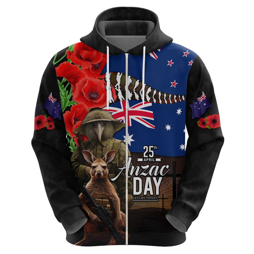 New Zealand and Australia ANZAC Day Hoodie National Flag mix Kiwi Bird and Kangaroo Soldier Style - Vibe Hoodie Shop