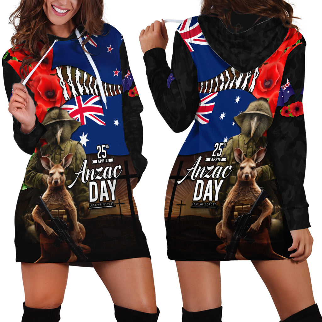 New Zealand and Australia ANZAC Day Hoodie Dress National Flag mix Kiwi Bird and Kangaroo Soldier Style - Vibe Hoodie Shop