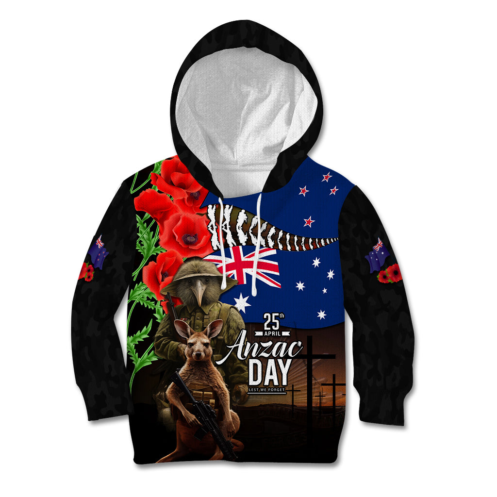 New Zealand and Australia ANZAC Day Kid Hoodie National Flag mix Kiwi Bird and Kangaroo Soldier Style - Vibe Hoodie Shop