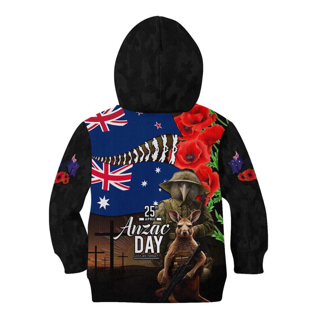 New Zealand and Australia ANZAC Day Kid Hoodie National Flag mix Kiwi Bird and Kangaroo Soldier Style - Vibe Hoodie Shop