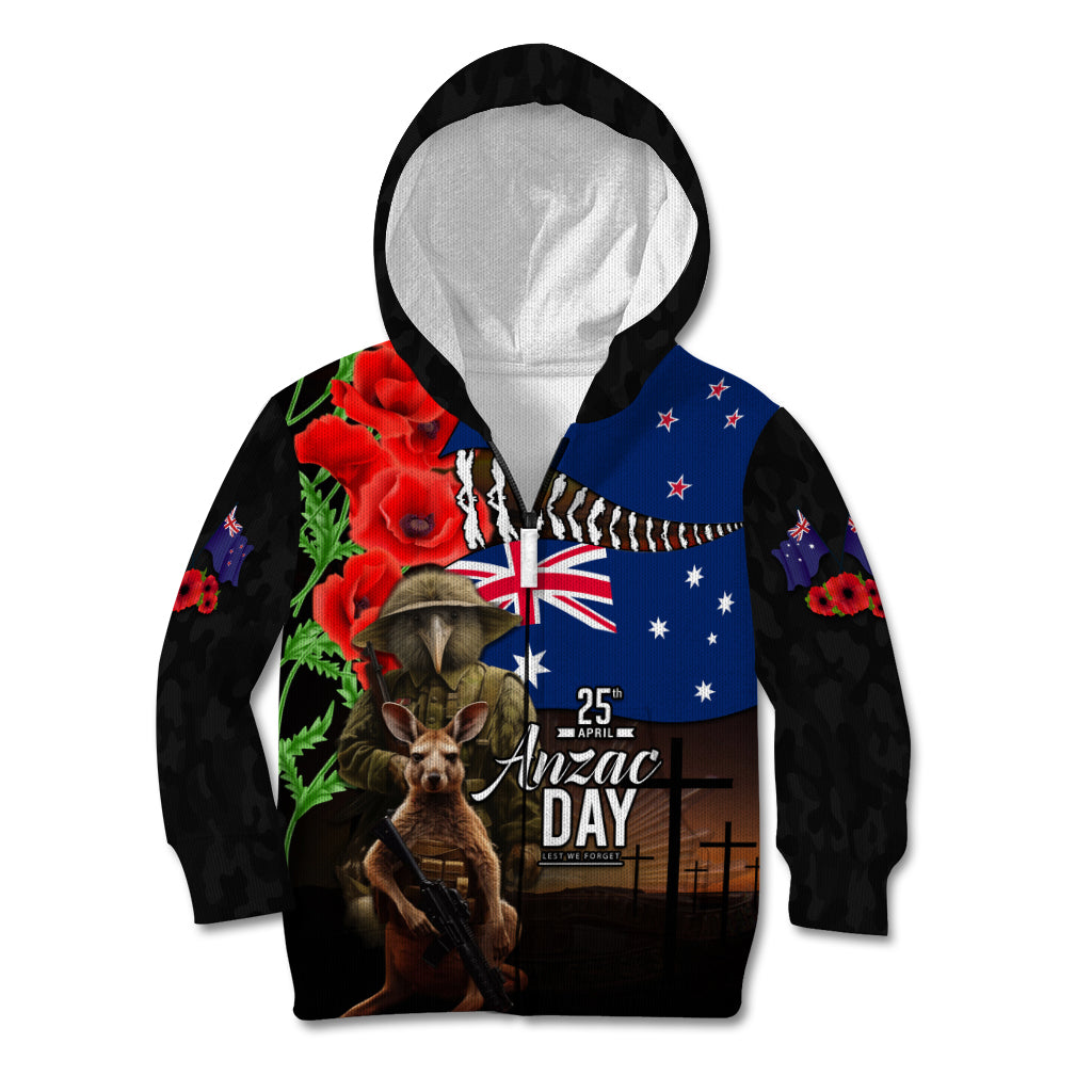New Zealand and Australia ANZAC Day Kid Hoodie National Flag mix Kiwi Bird and Kangaroo Soldier Style - Vibe Hoodie Shop