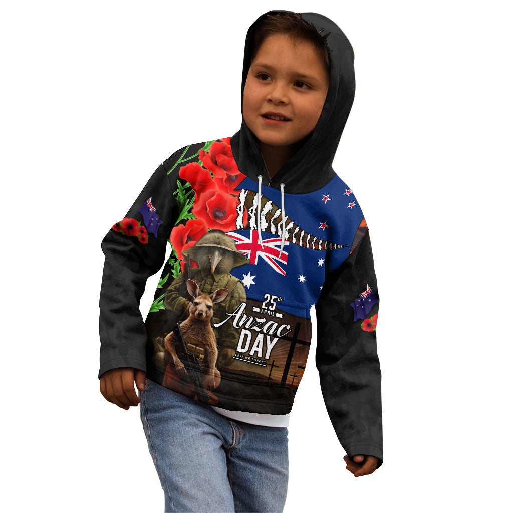 New Zealand and Australia ANZAC Day Kid Hoodie National Flag mix Kiwi Bird and Kangaroo Soldier Style - Vibe Hoodie Shop