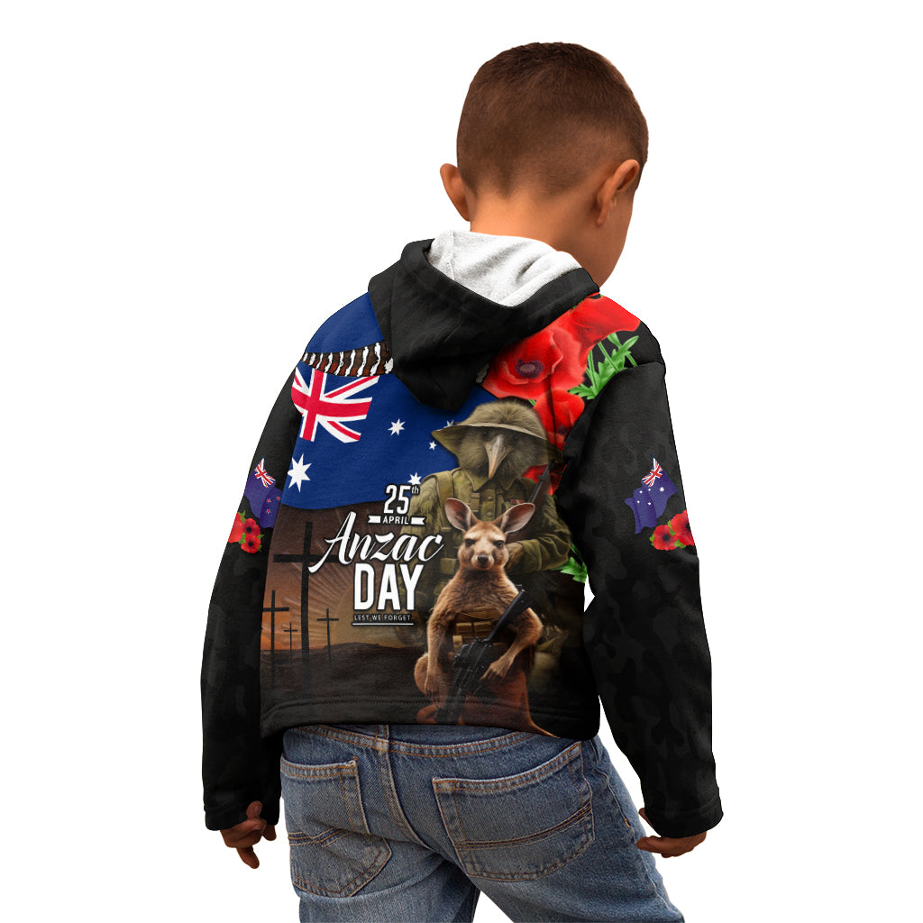 New Zealand and Australia ANZAC Day Kid Hoodie National Flag mix Kiwi Bird and Kangaroo Soldier Style - Vibe Hoodie Shop