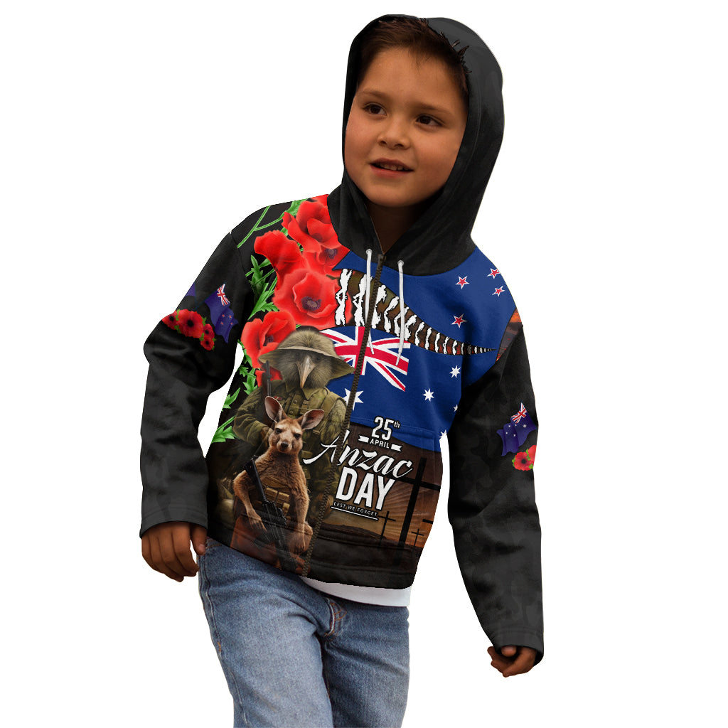 New Zealand and Australia ANZAC Day Kid Hoodie National Flag mix Kiwi Bird and Kangaroo Soldier Style - Vibe Hoodie Shop
