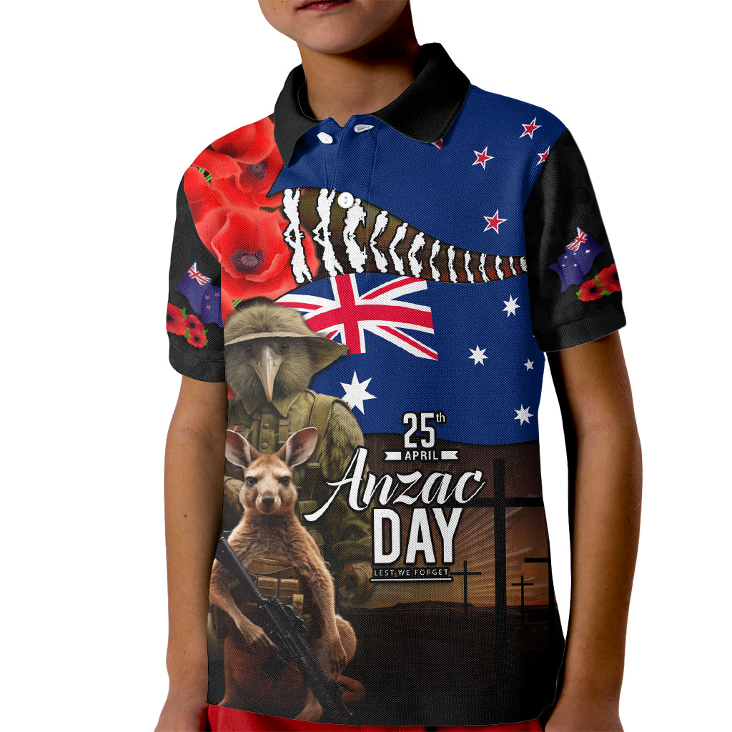 New Zealand and Australia ANZAC Day Kid Polo Shirt National Flag mix Kiwi Bird and Kangaroo Soldier Style - Vibe Hoodie Shop