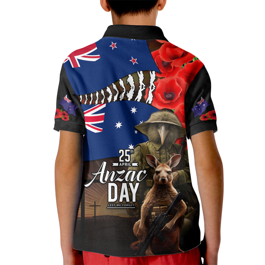 New Zealand and Australia ANZAC Day Kid Polo Shirt National Flag mix Kiwi Bird and Kangaroo Soldier Style - Vibe Hoodie Shop