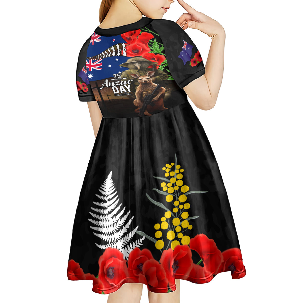 New Zealand and Australia ANZAC Day Kid Short Sleeve Dress National Flag mix Kiwi Bird and Kangaroo Soldier Style - Vibe Hoodie Shop