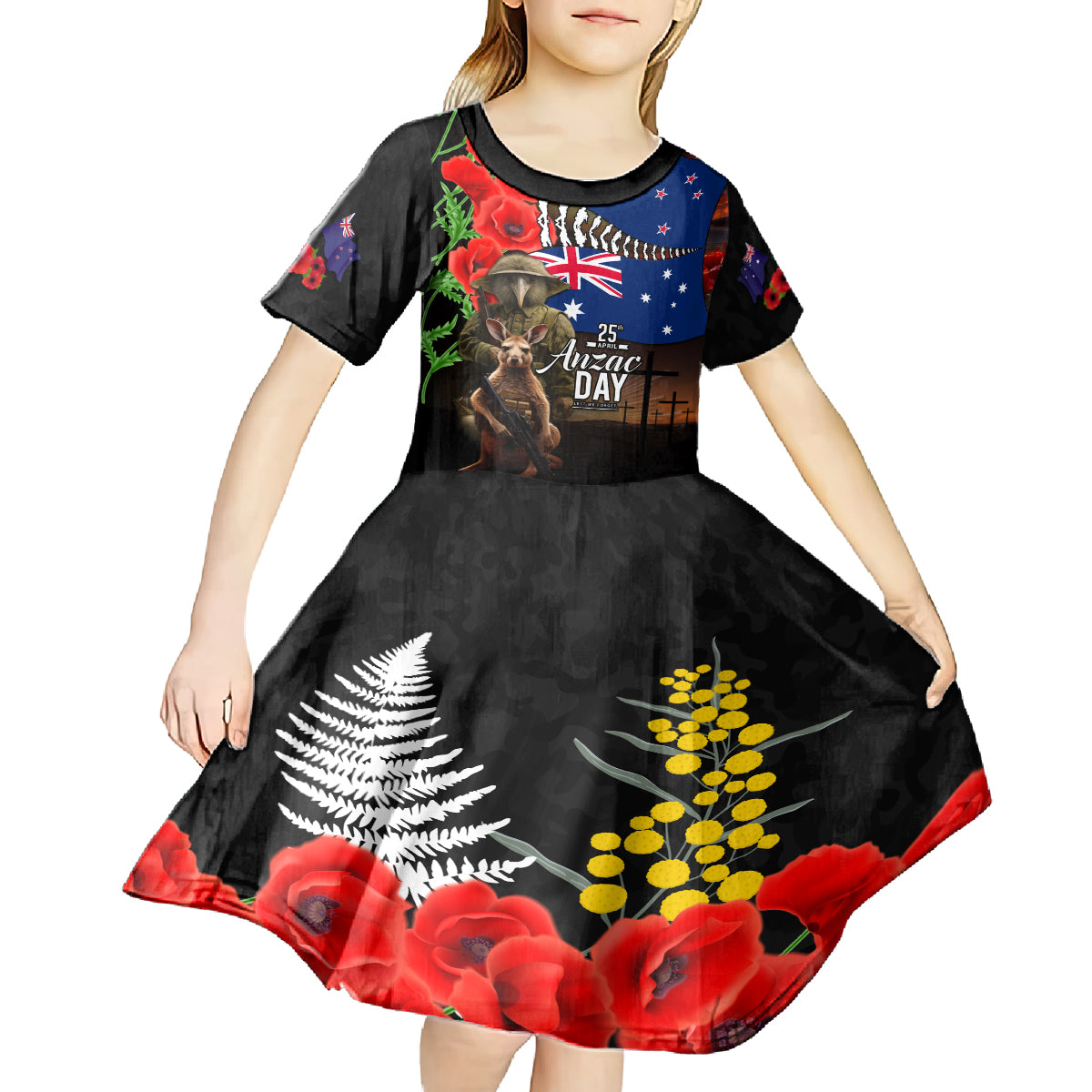 New Zealand and Australia ANZAC Day Kid Short Sleeve Dress National Flag mix Kiwi Bird and Kangaroo Soldier Style - Vibe Hoodie Shop