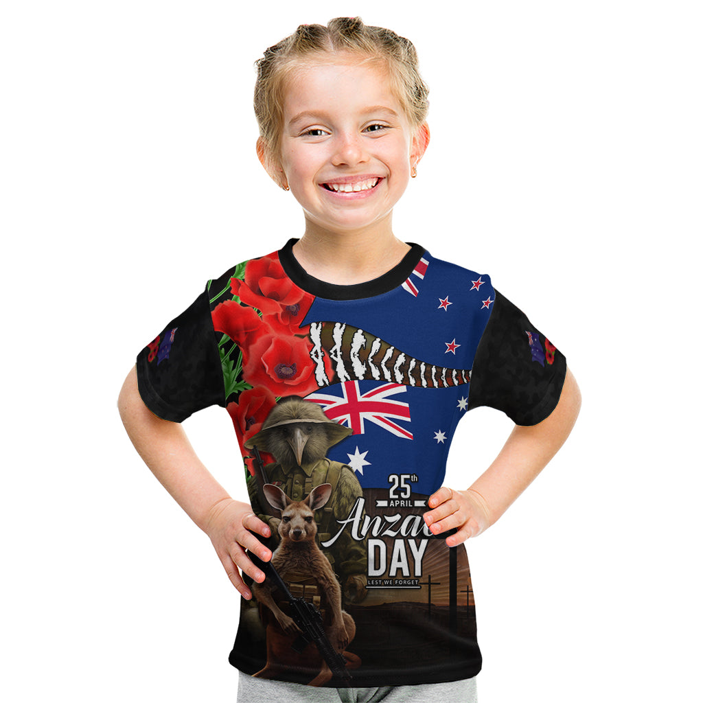New Zealand and Australia ANZAC Day Kid T Shirt National Flag mix Kiwi Bird and Kangaroo Soldier Style - Vibe Hoodie Shop