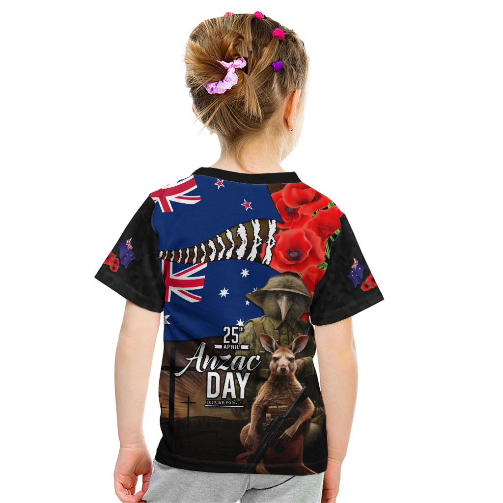 New Zealand and Australia ANZAC Day Kid T Shirt National Flag mix Kiwi Bird and Kangaroo Soldier Style - Vibe Hoodie Shop