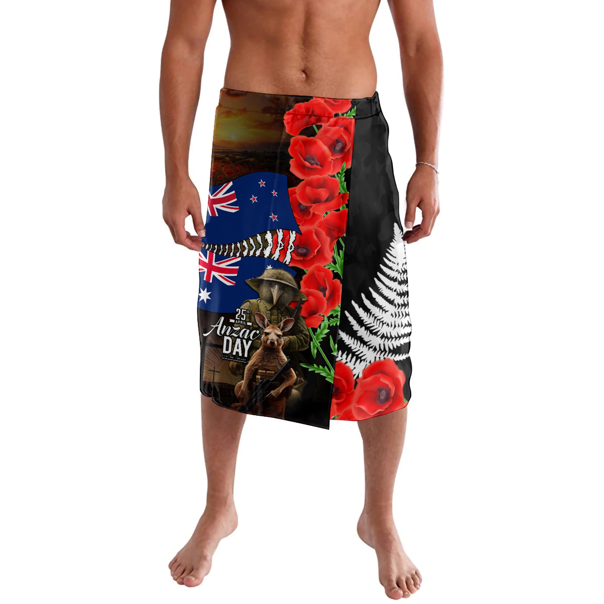 New Zealand and Australia ANZAC Day Lavalava National Flag mix Kiwi Bird and Kangaroo Soldier Style