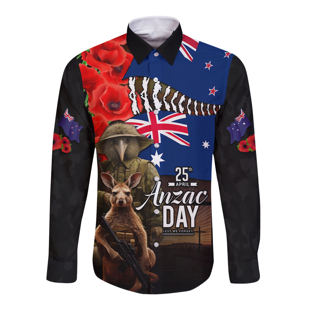 New Zealand and Australia ANZAC Day Long Sleeve Button Shirt National Flag mix Kiwi Bird and Kangaroo Soldier Style - Vibe Hoodie Shop