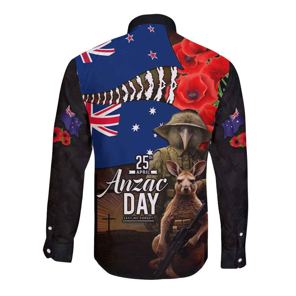 New Zealand and Australia ANZAC Day Long Sleeve Button Shirt National Flag mix Kiwi Bird and Kangaroo Soldier Style - Vibe Hoodie Shop