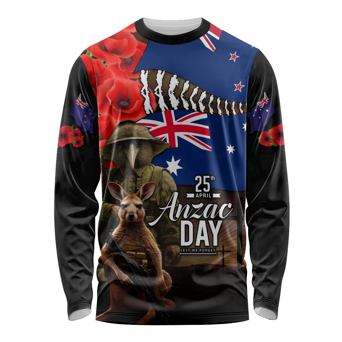 New Zealand and Australia ANZAC Day Long Sleeve Shirt National Flag mix Kiwi Bird and Kangaroo Soldier Style - Vibe Hoodie Shop