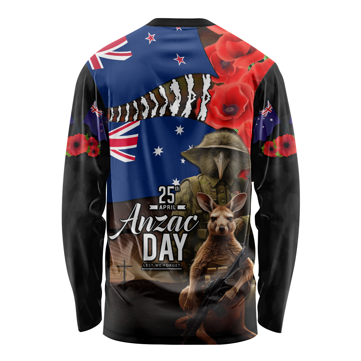 New Zealand and Australia ANZAC Day Long Sleeve Shirt National Flag mix Kiwi Bird and Kangaroo Soldier Style - Vibe Hoodie Shop