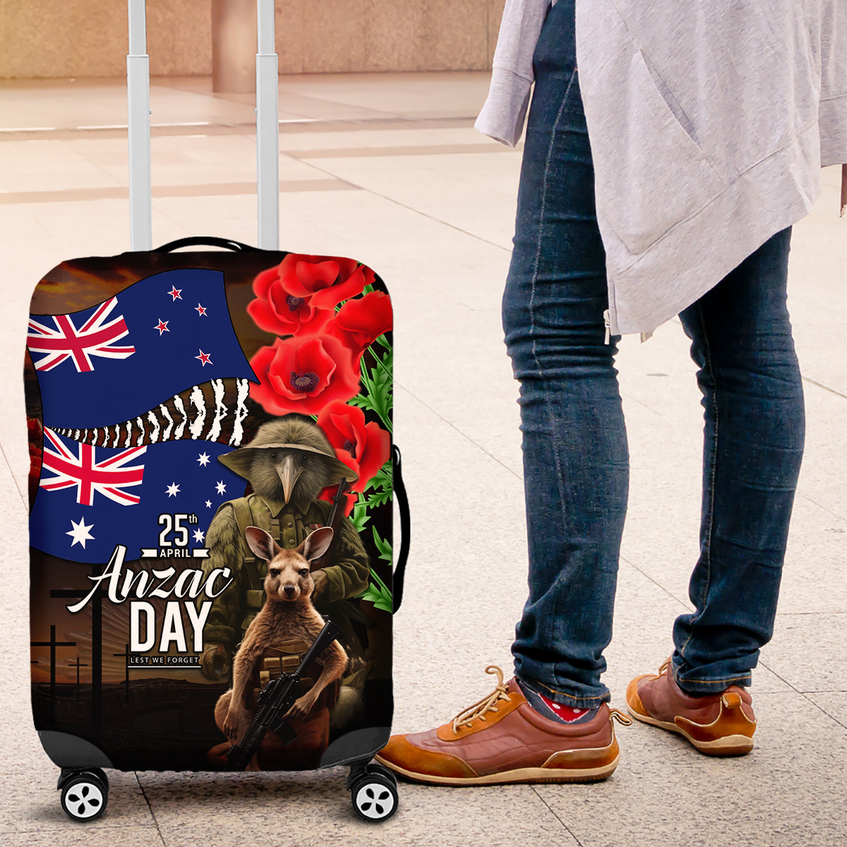New Zealand and Australia ANZAC Day Luggage Cover National Flag mix Kiwi Bird and Kangaroo Soldier Style - Vibe Hoodie Shop