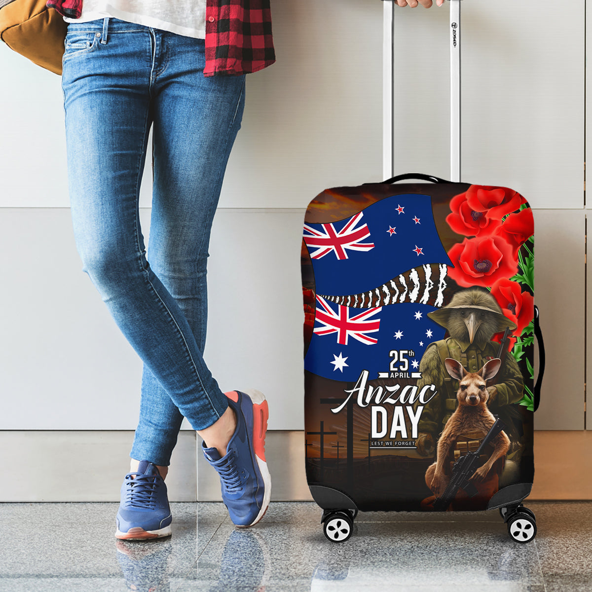 New Zealand and Australia ANZAC Day Luggage Cover National Flag mix Kiwi Bird and Kangaroo Soldier Style - Vibe Hoodie Shop